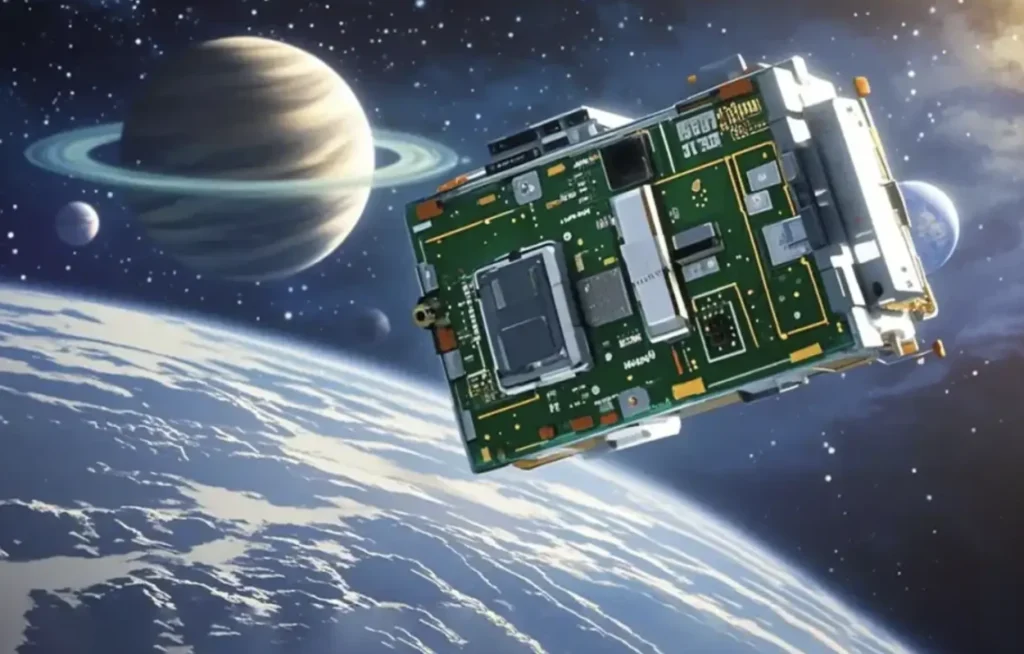 Satellite PCB module orbiting above Earth